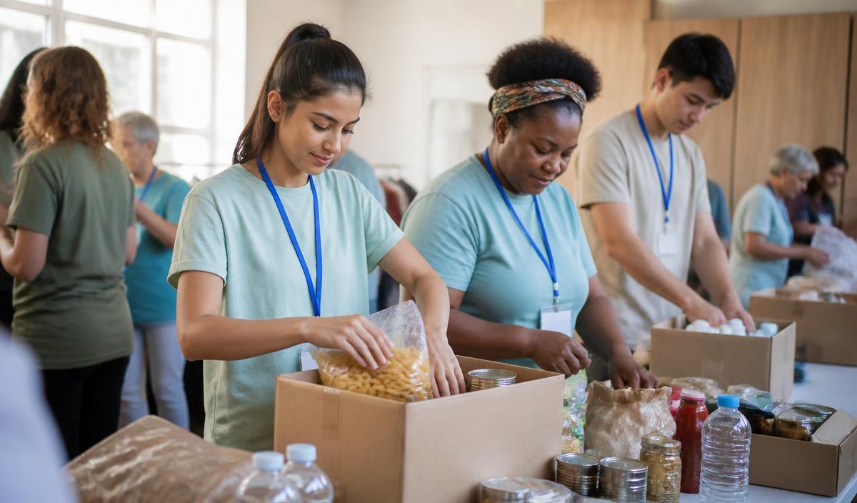 Volunteers packing food and household essentials into boxes